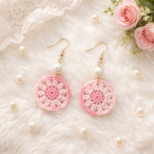 Handmade crochet pink dream catcher earring