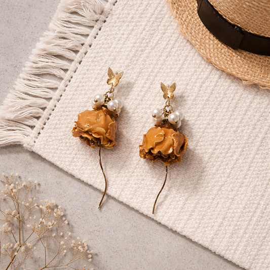 Handmade yellow rose butterfly+ pearl earring