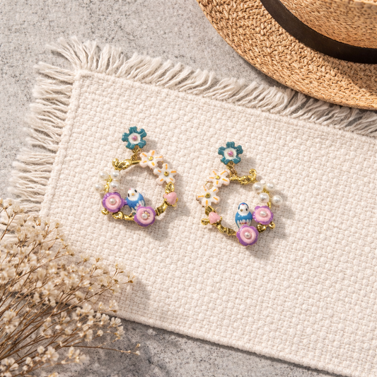 Blue flower bird earring