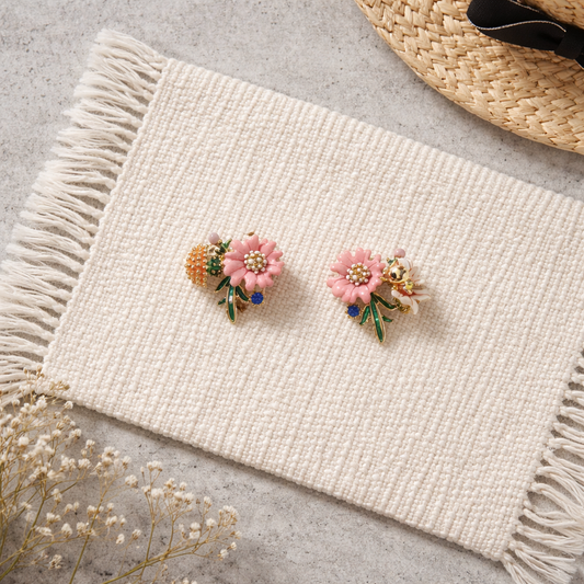 Pink flower combination earring