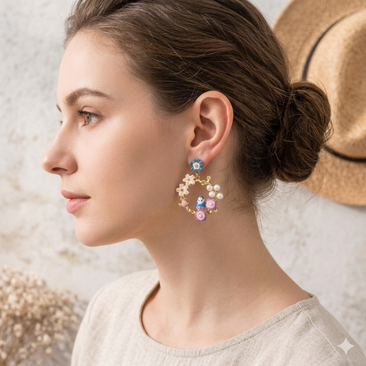 Blue flower bird earring