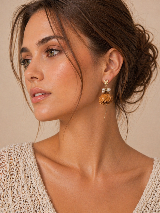 Handmade yellow rose butterfly+ pearl earring