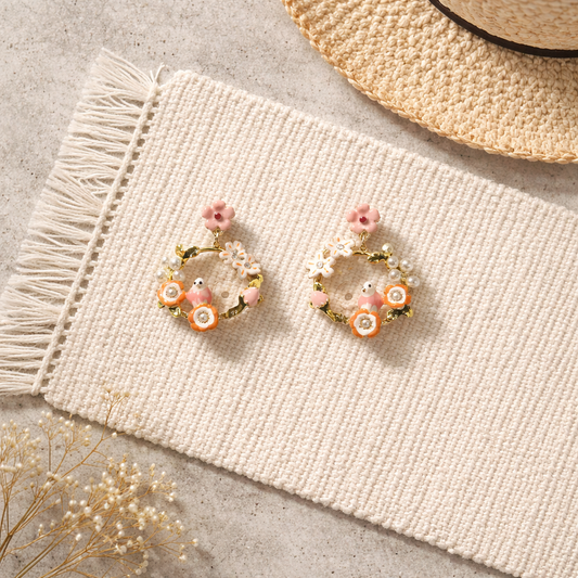 Pink flower bird earring