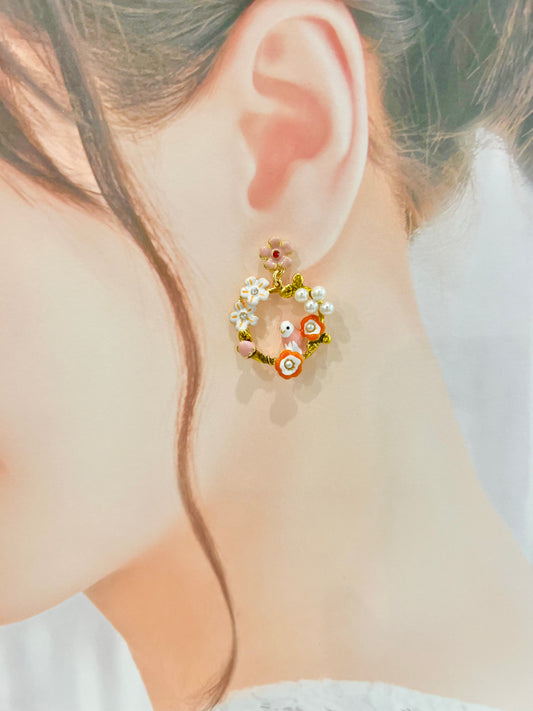 Missliu Handcraft Pink flower bird earring