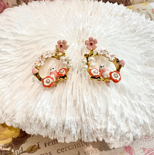 Missliu Handcraft Pink flower bird earring
