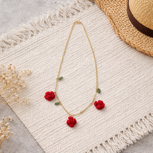 Handmade crochet red rose necklace