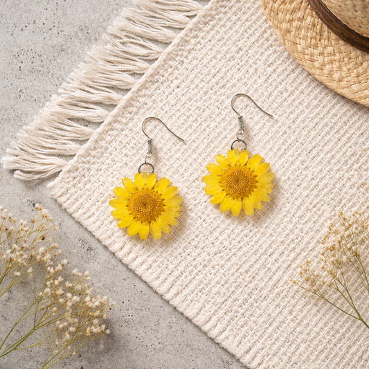 Handmade Yellow daisy real flower earring