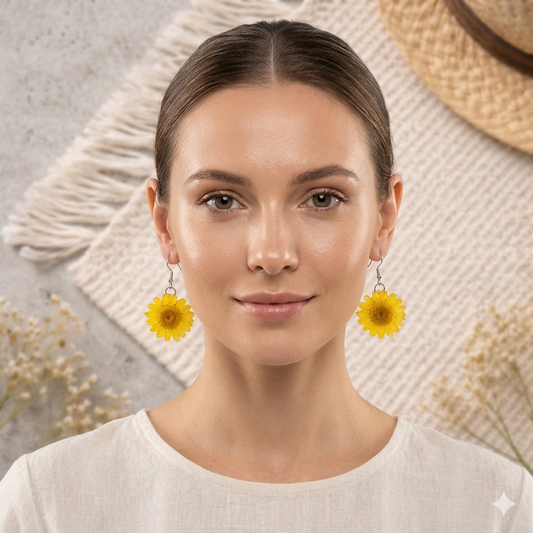 Handmade Yellow daisy real flower earring