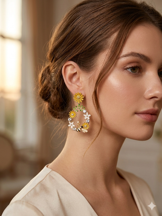 Yellow flower bee earring