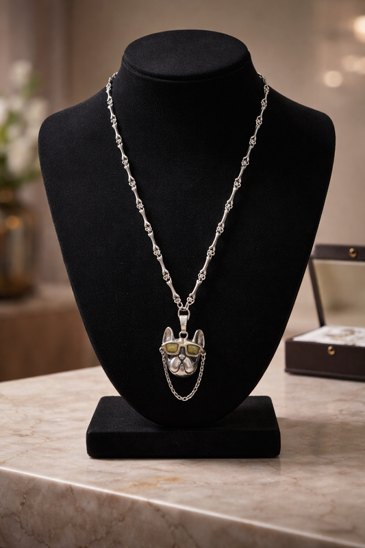 Silver French bulldog necklace