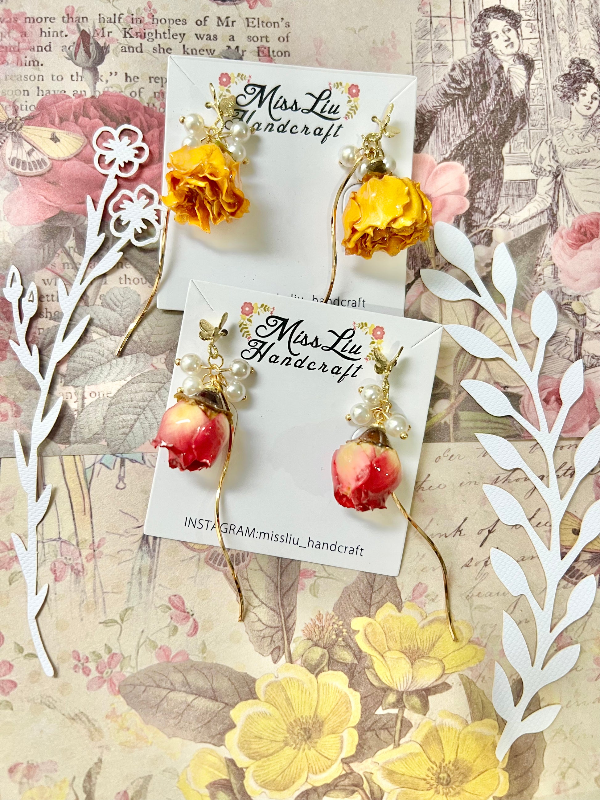 Missliu Handcraft Handmade yellow rose butterfly+ pearl earring
