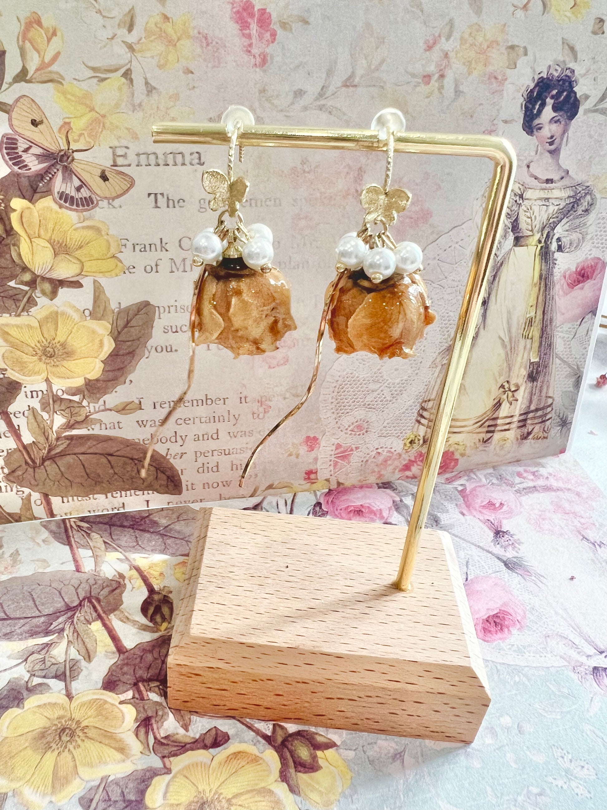 Missliu Handcraft Handmade yellow rose butterfly+ pearl earring