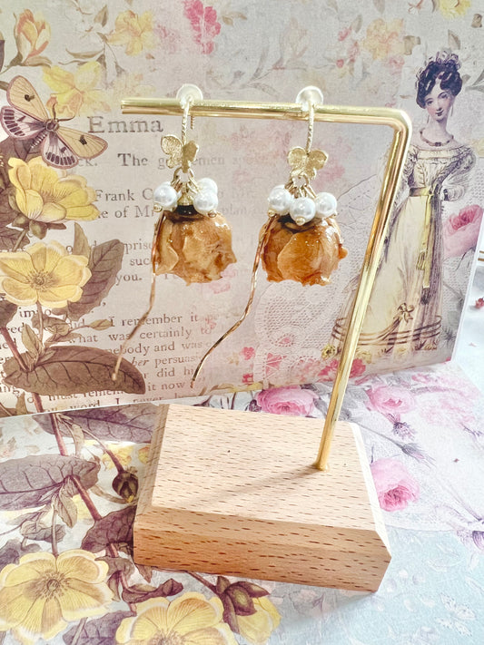 Missliu Handcraft Handmade yellow rose butterfly+ pearl earring
