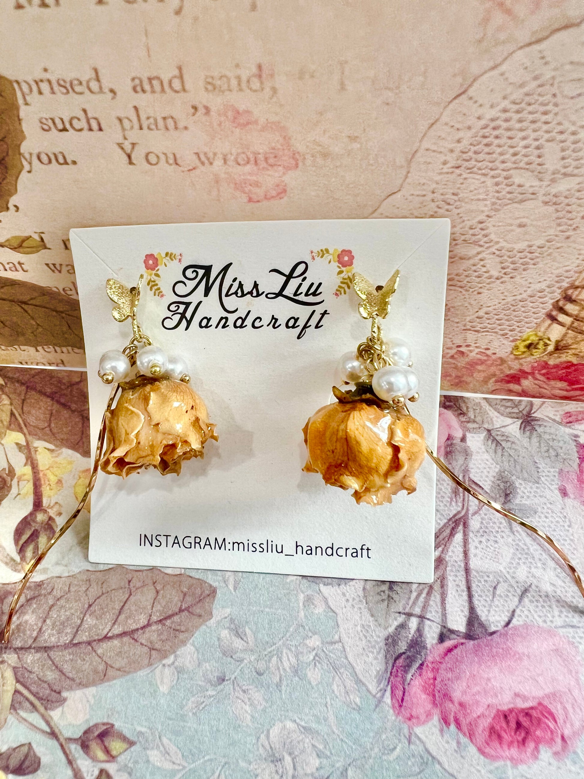 Missliu Handcraft Handmade yellow rose butterfly+ pearl earring