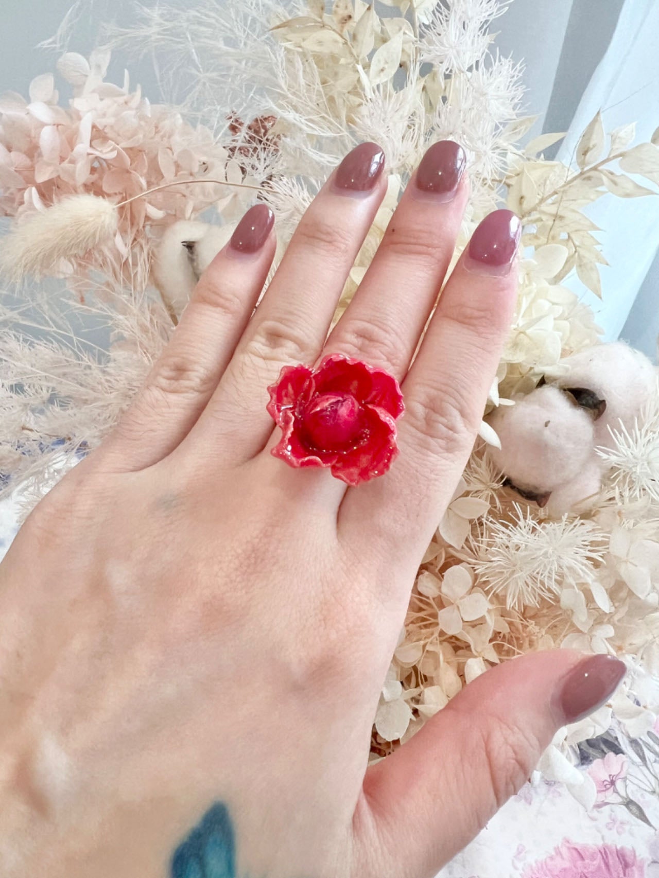 Missliu Handcraft Handmade red rose ring