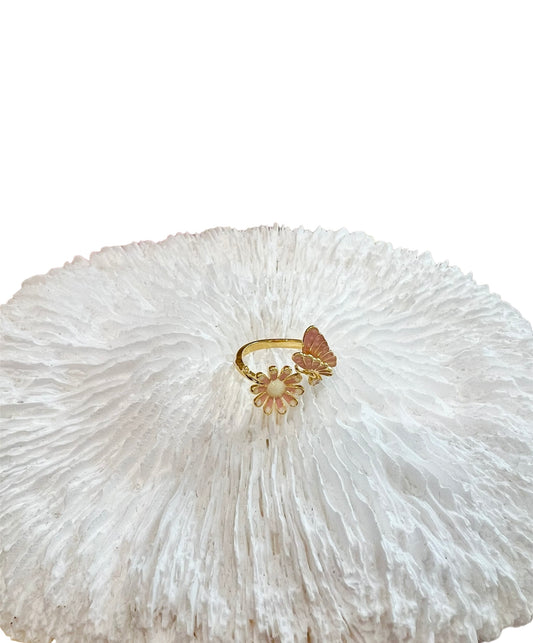 Missliu Handcraft Pink Flower butterfly ring