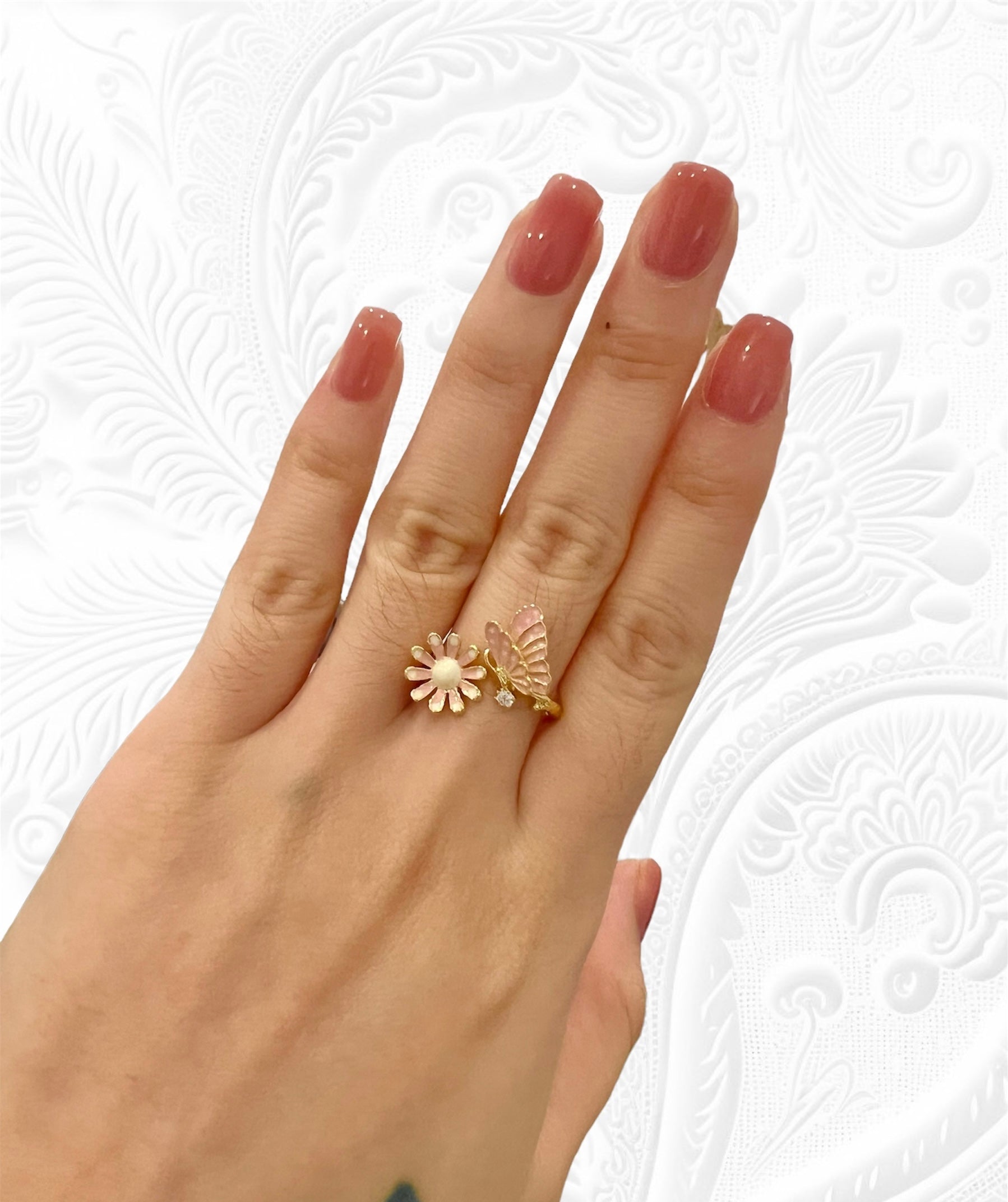 Missliu Handcraft Pink Flower butterfly ring