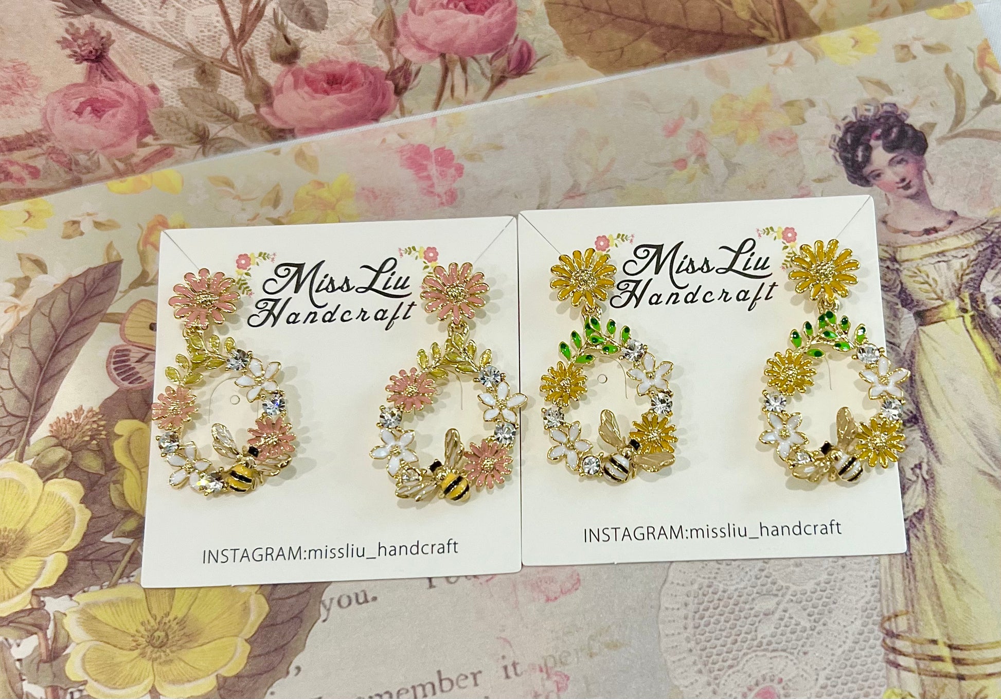 Missliu Handcraft Pink flower bee earring