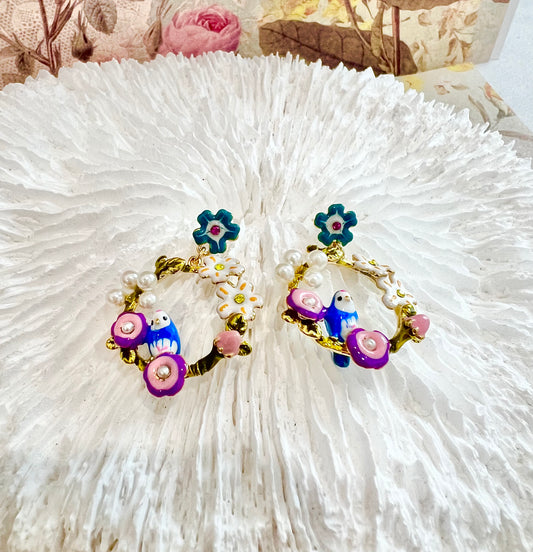 Missliu Handcraft Blue flower bird earring