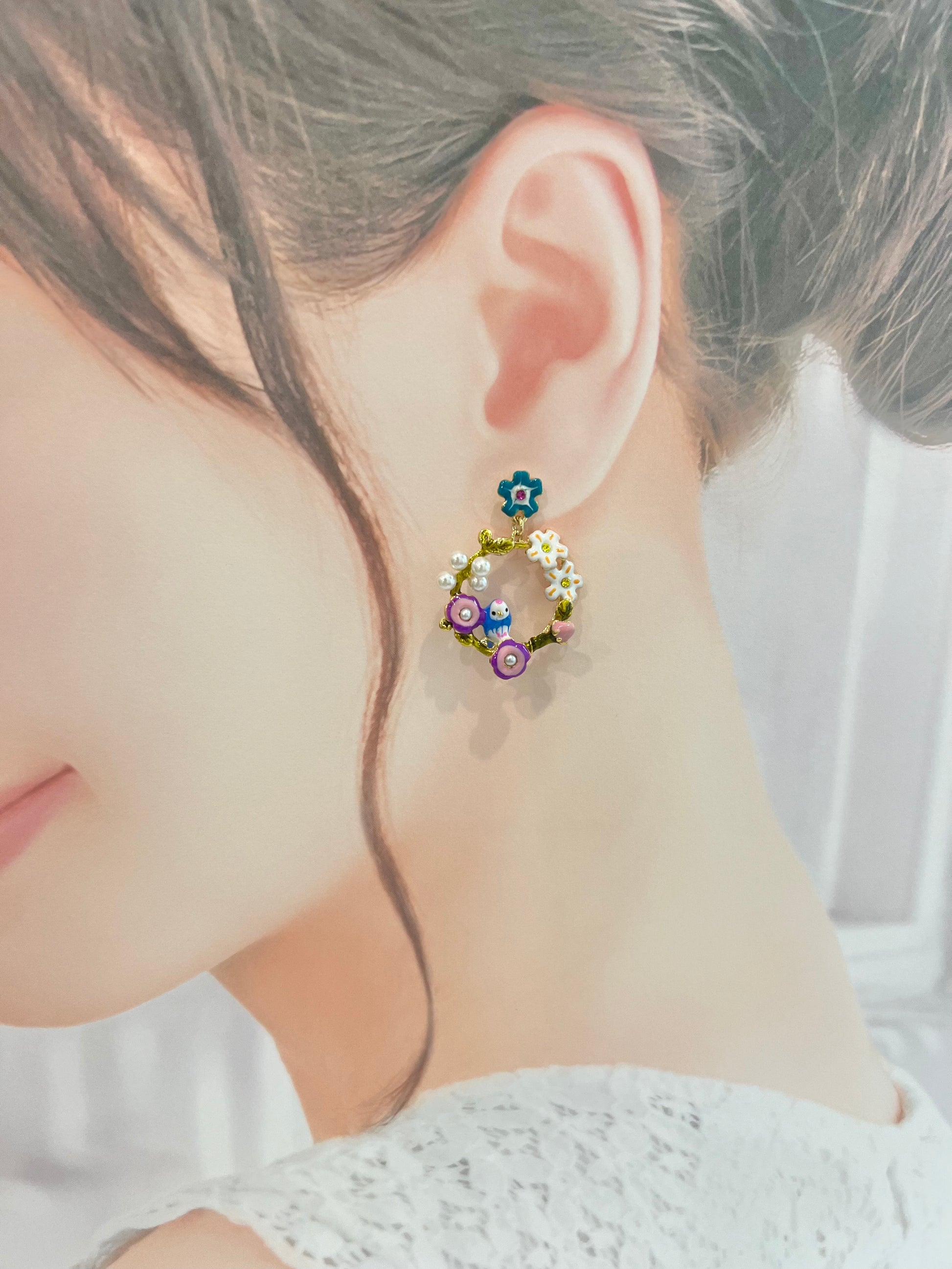 Missliu Handcraft Blue flower bird earring