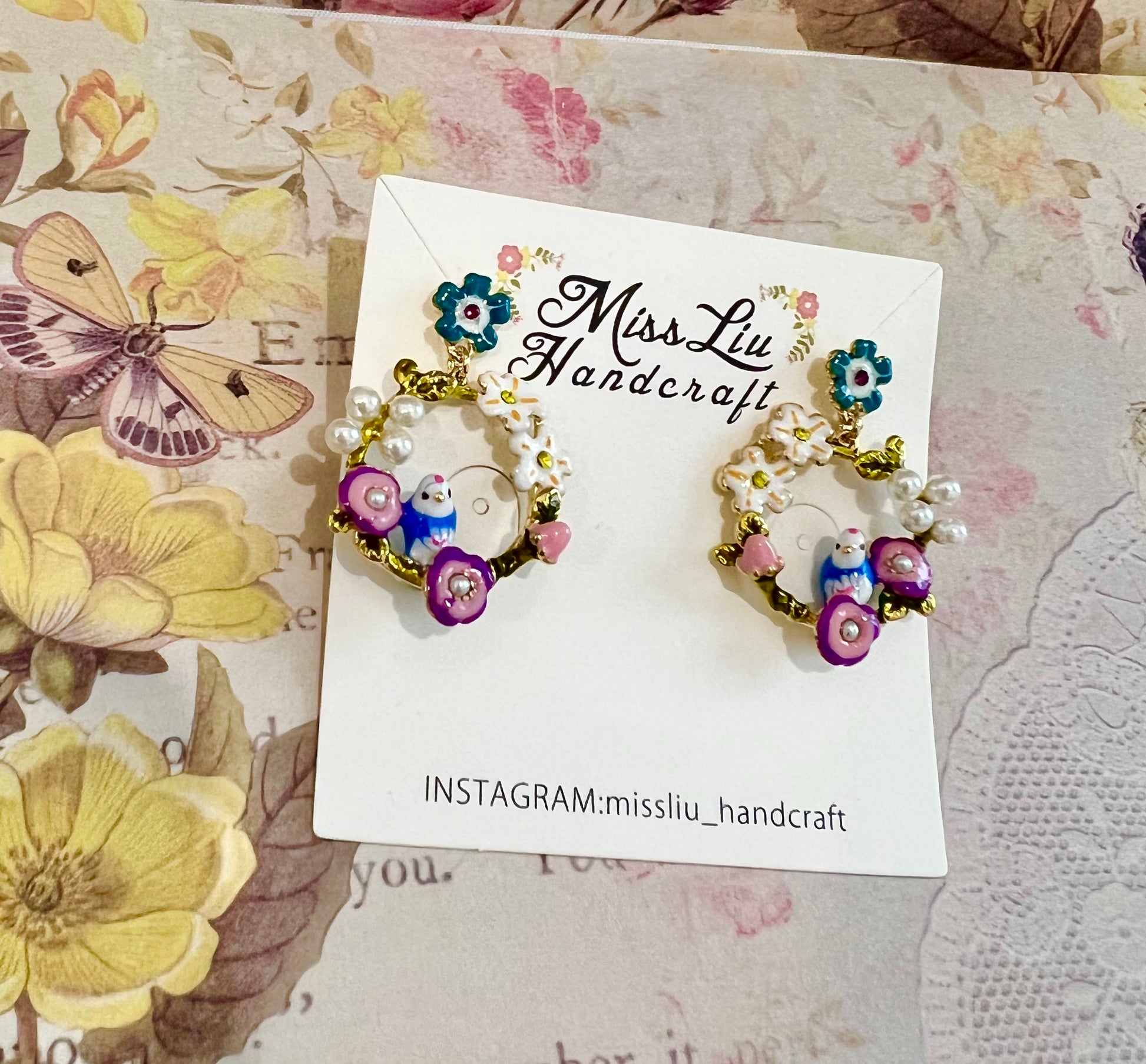 Missliu Handcraft Blue flower bird earring