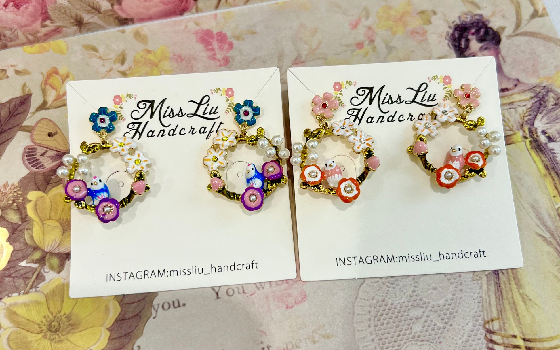 Missliu Handcraft Blue flower bird earring