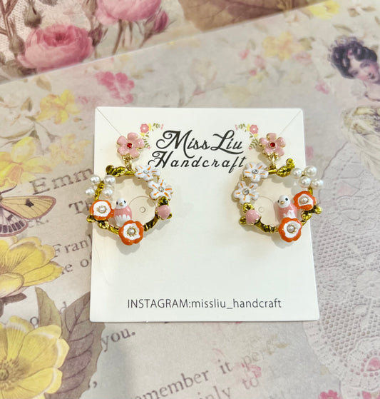 Missliu Handcraft Pink flower bird earring