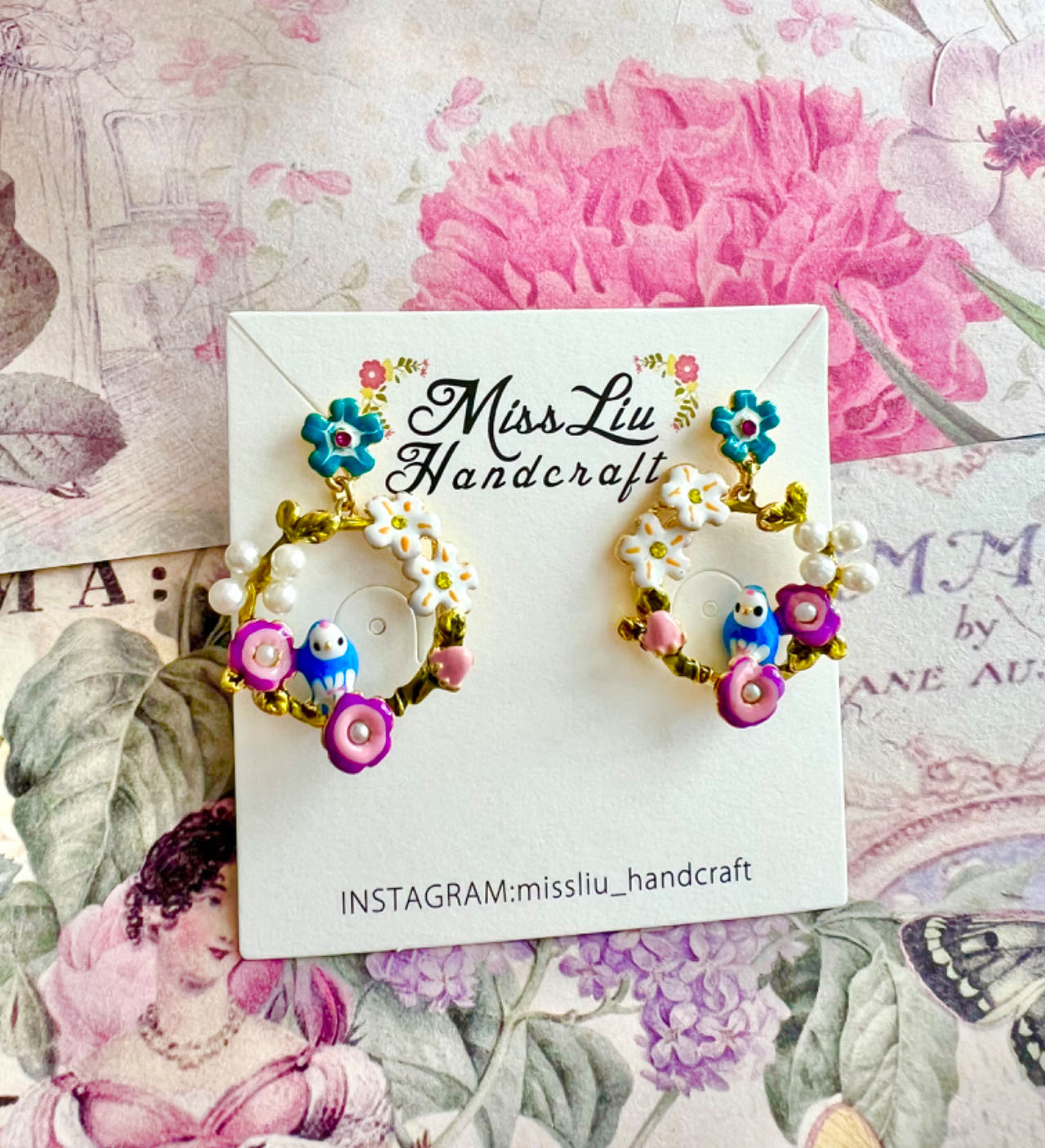 Missliu Handcraft Blue flower bird earring
