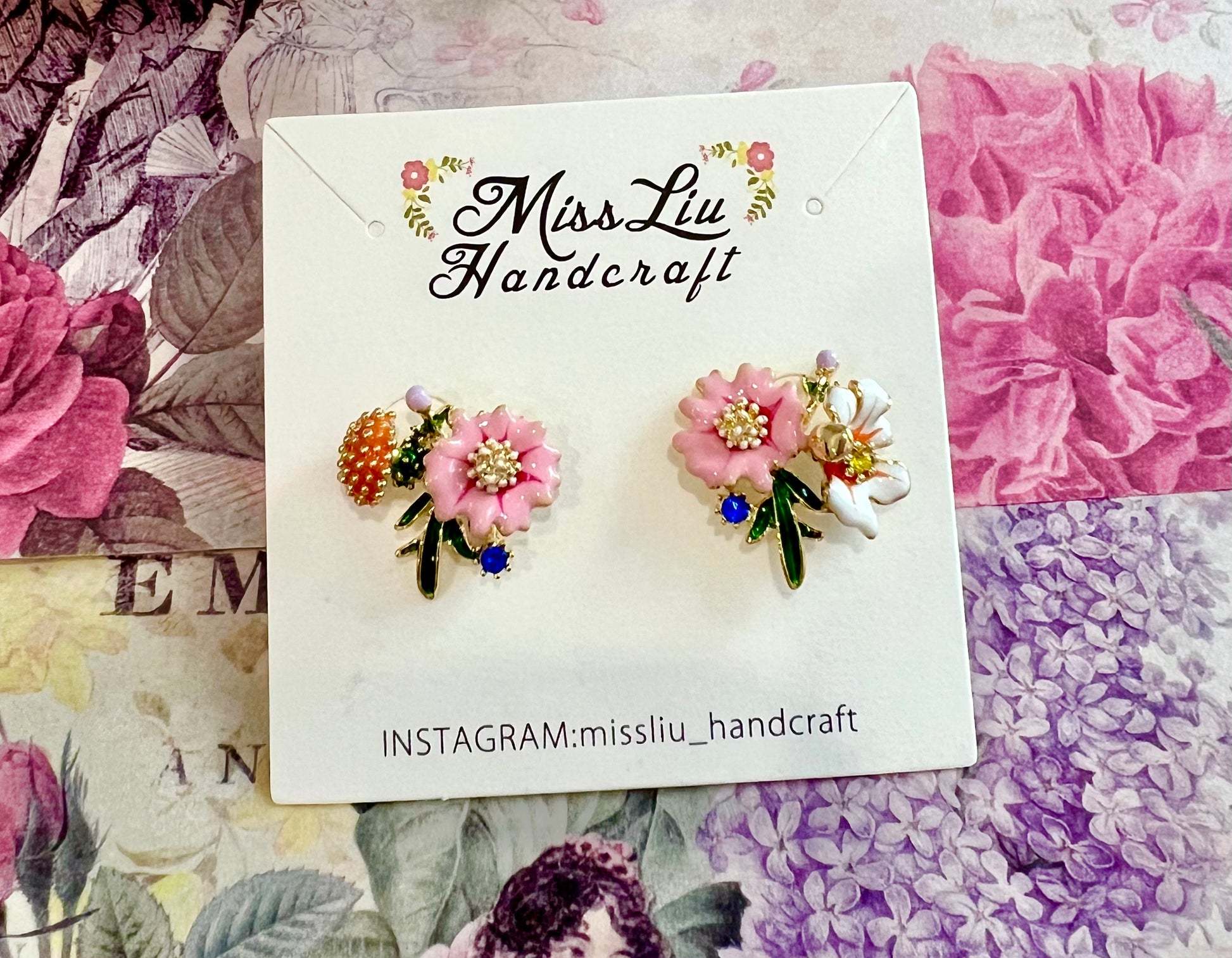 Missliu Handcraft Pink flower combination earring