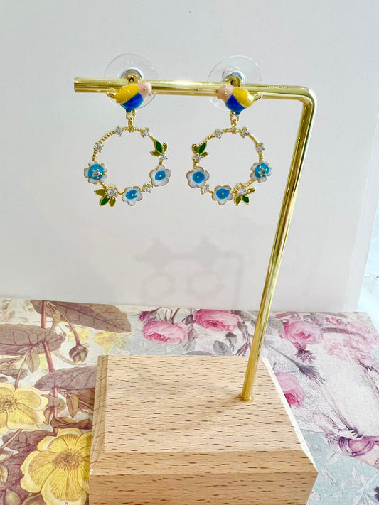 Missliu Handcraft Yellow Bird flower earring Blue