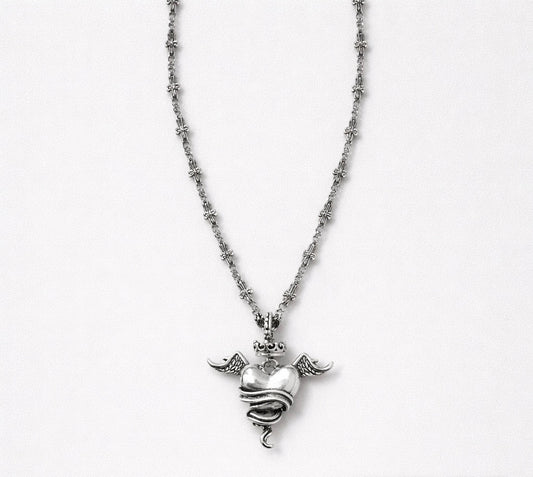 Silver heart necklace with wings